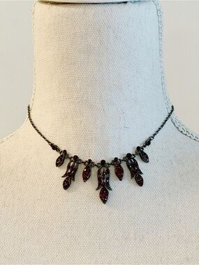 VCLM vintage gunmetal tone collar necklace dainty design with red rhinestones